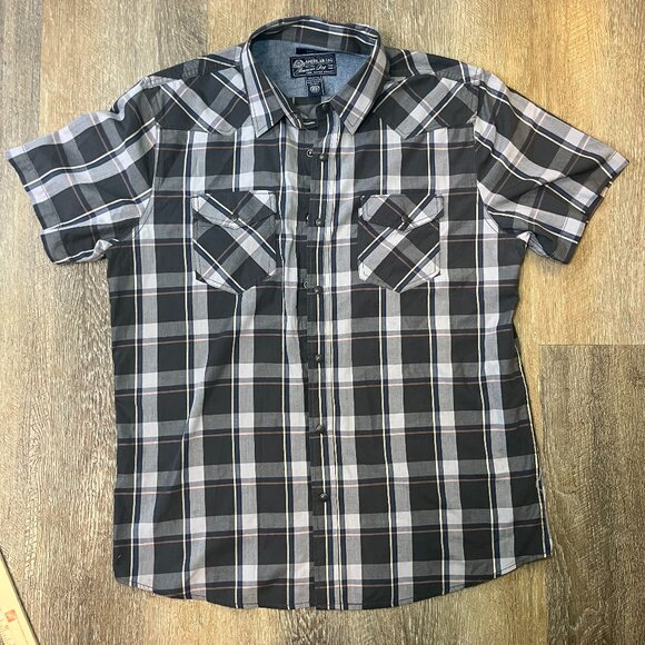 American Rag Other - American Rag Mens Large Gray Blue Plaid Snap Button Short Sleeve Shirt